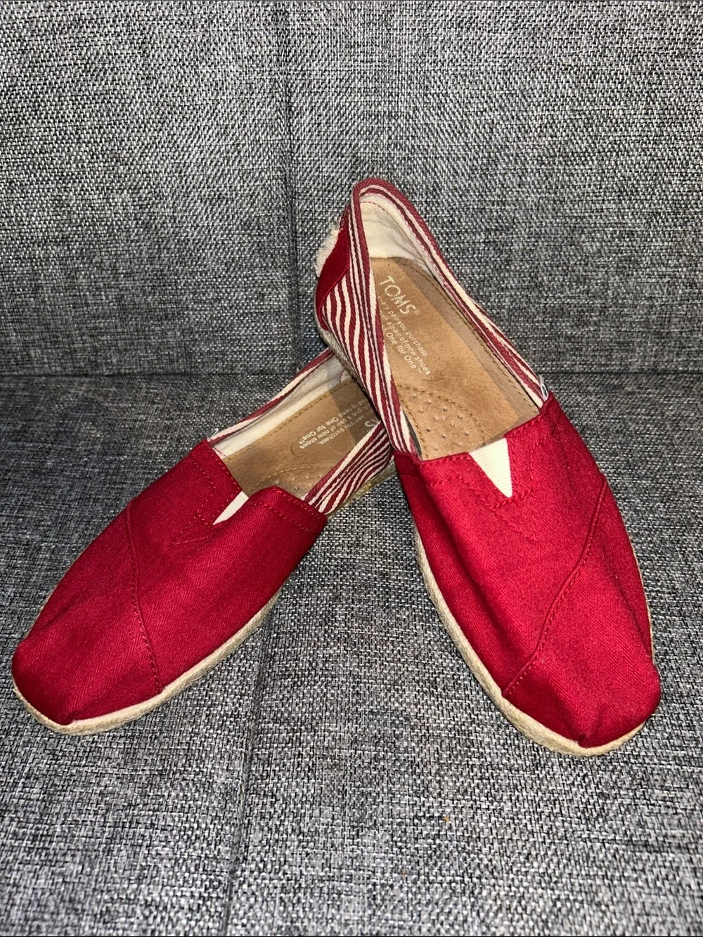 Toms Red Canvas Slip-On Flats with Striped Heel